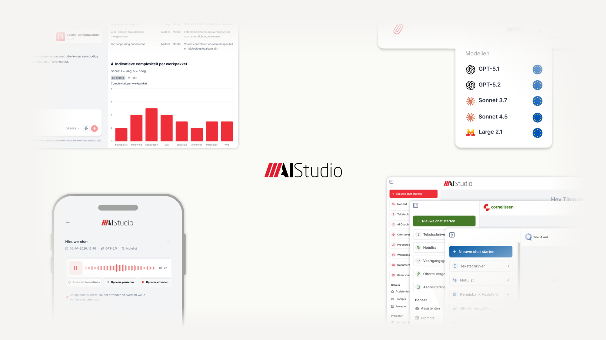 Impressie van het AIStudio-platform: complexiteitsanalyse, modelkeuze binnen de EU en de mobiele app