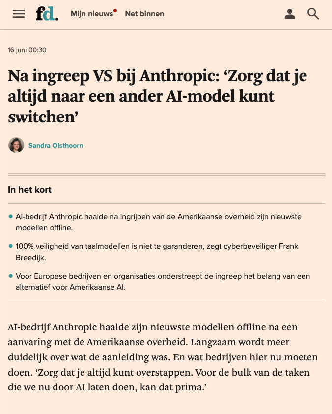 Artikel in Het Financieele Dagblad, 16 juni 2026: Na ingreep VS bij Anthropic, zorg dat je altijd naar een ander AI-model kunt switchen, door Sandra Olsthoorn