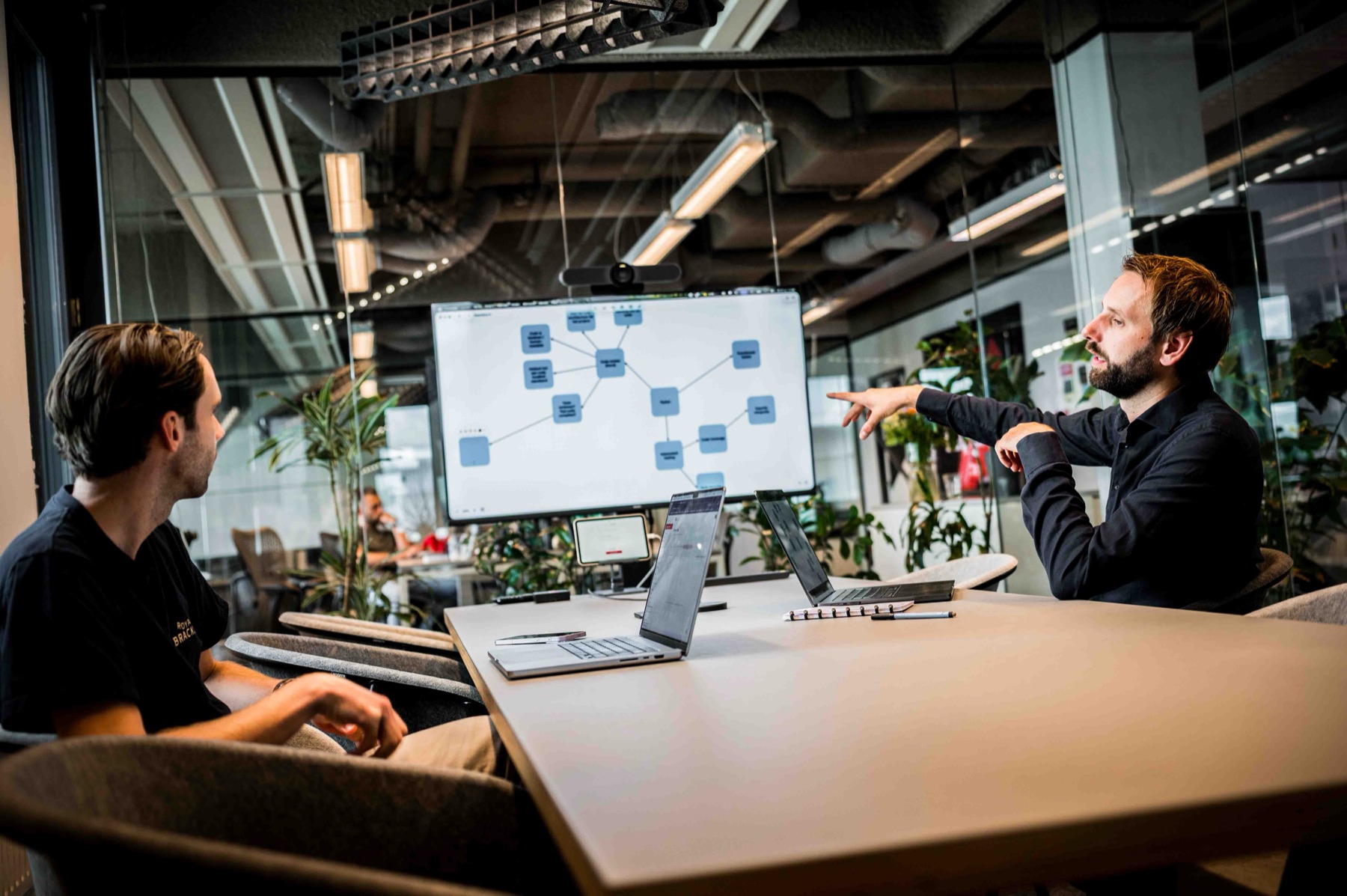 Collega legt een processchema uit op een scherm