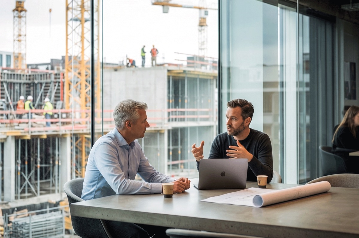 Twee mannen overleggen aan tafel met een bouwtekening, met een bouwplaats achter het raam