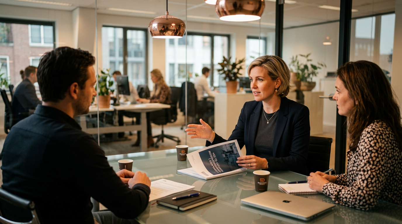 Klantgesprek aan een vergadertafel op kantoor