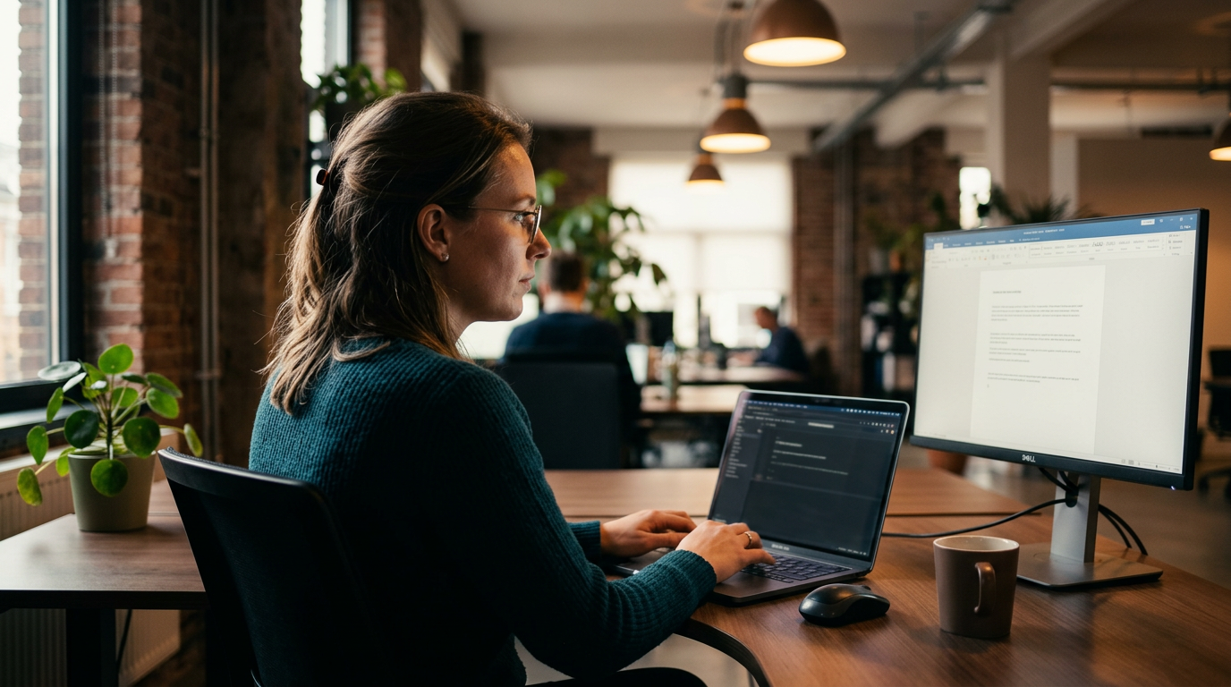 Kenniswerker aan het werk met laptop en documenten op kantoor