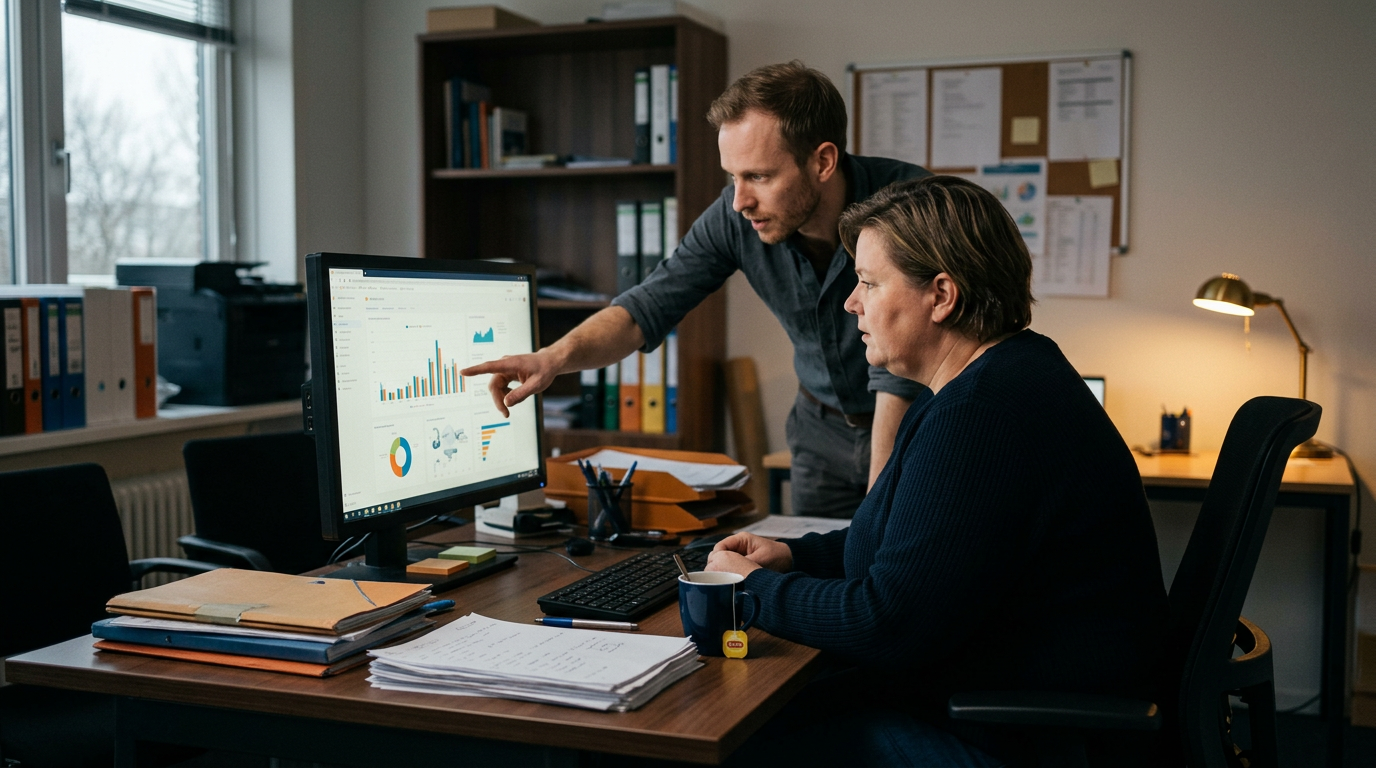 Twee collega’s bekijken samen een dashboard op een scherm