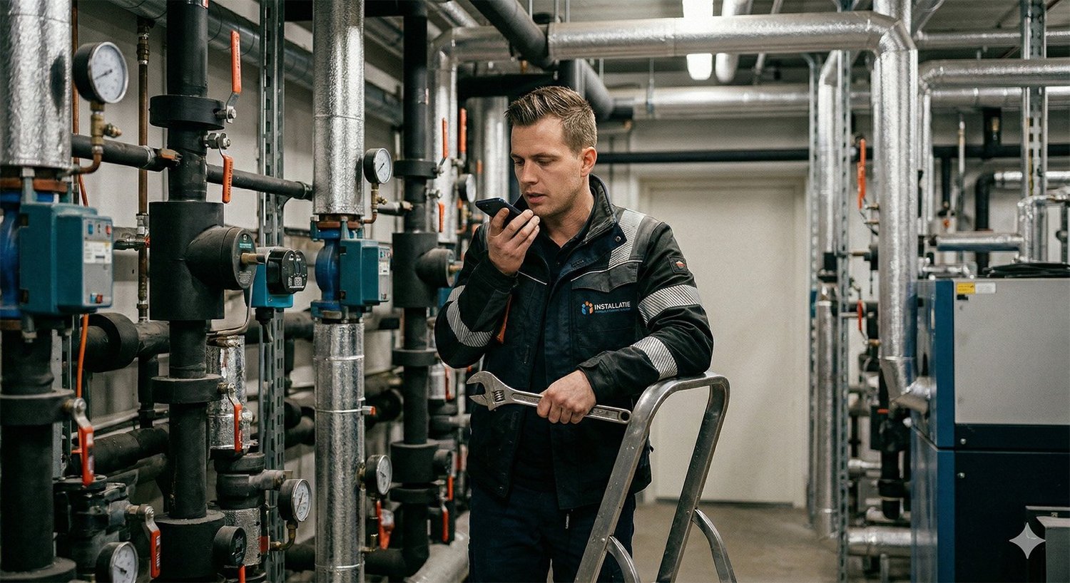 Installateur spreekt zijn rapport in via de telefoon in een technische ruimte
