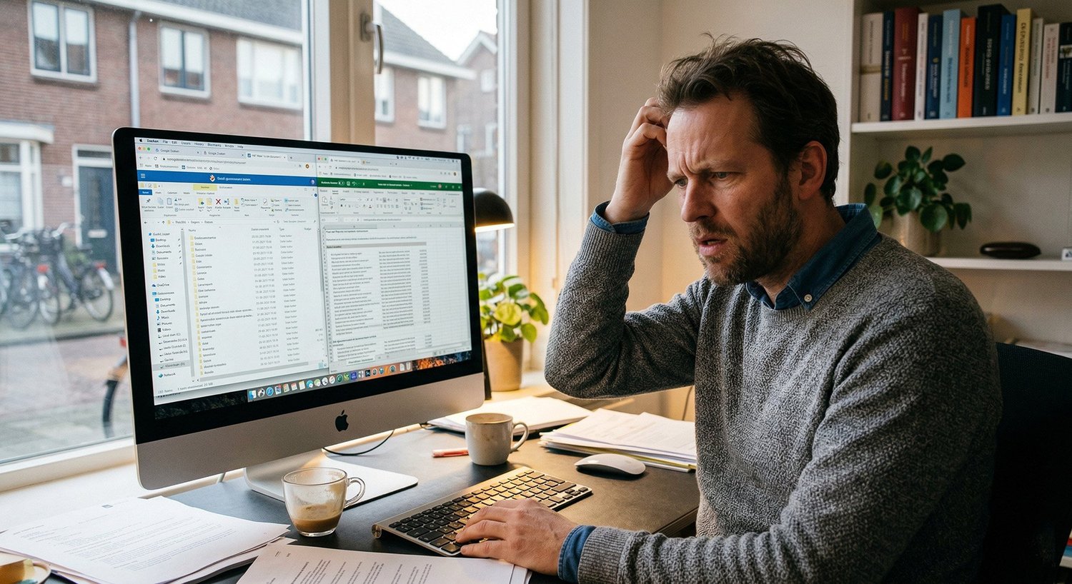 Medewerker zoekt gefrustreerd naar informatie achter een computer