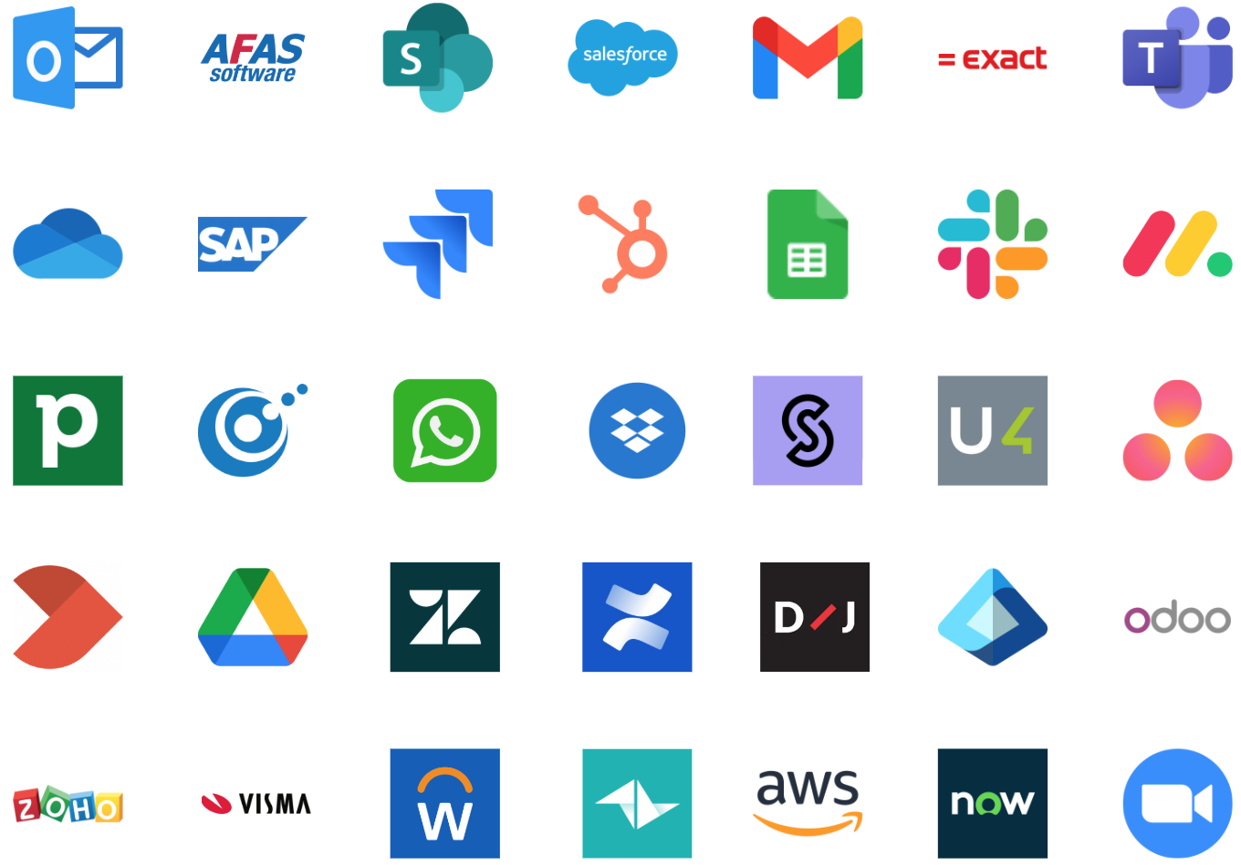 Overzicht van systemen waarmee AIStudio integreert, waaronder SharePoint, Teams, Salesforce, AFAS en Exact