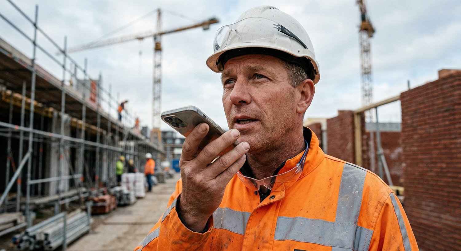 Bouwvakker spreekt zijn rapport in via de telefoon op de bouwplaats