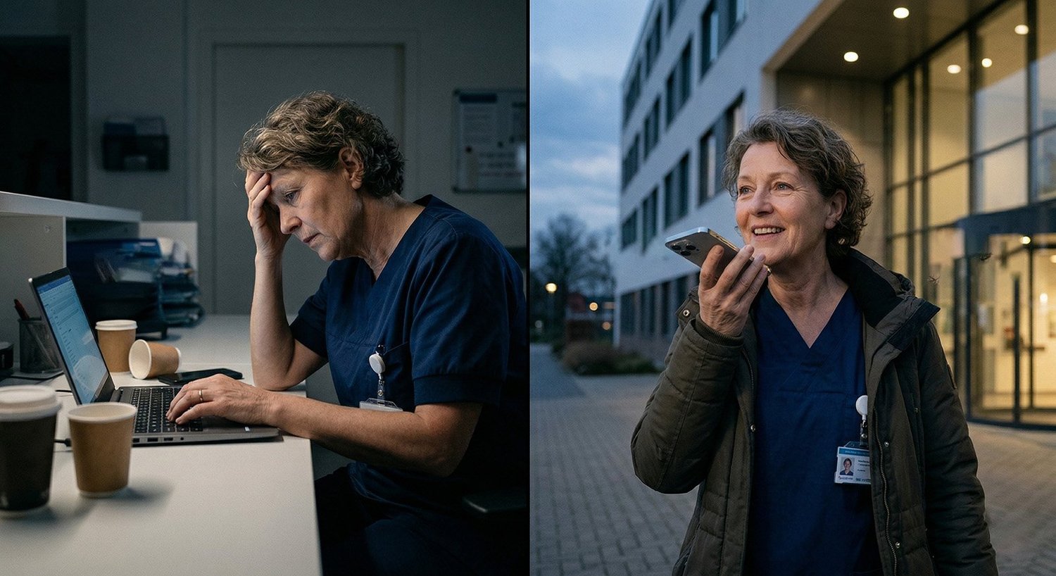 Zorgmedewerker: vermoeid achter de laptop versus ontspannen insprekend op de telefoon